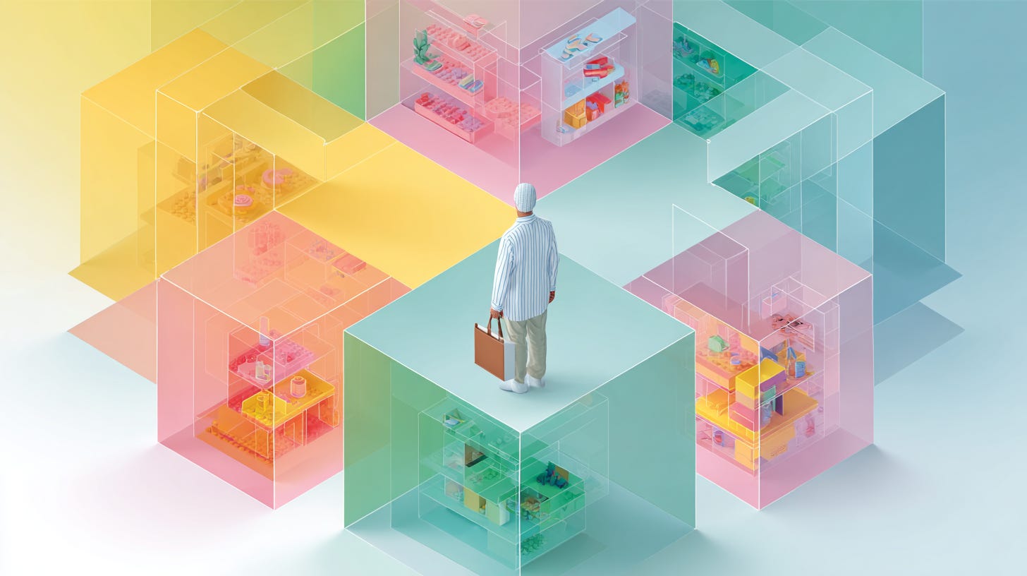 Architect figure at intersection of translucent rooms holding bridges between LEGO builds