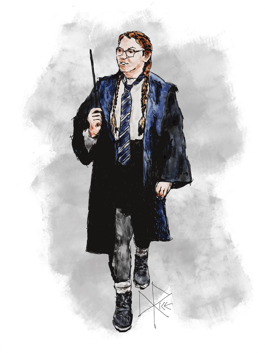 A young woman dressed as a Hogwarts boarding school student, repping her Ravenclaw magical sorting. Sketch art by Don Rice.