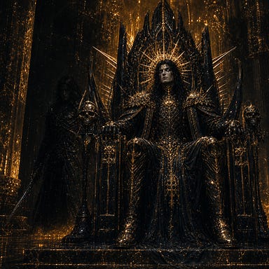 Greegan hidden behind Clarion’s obsidian throne, barely visible as a shimmer of poisoned steel and ripple of shadow, his form carved of silence, laughter gone, lurking in molten‑amber throne hall, ready to strike at her slightest inclination, fully original face