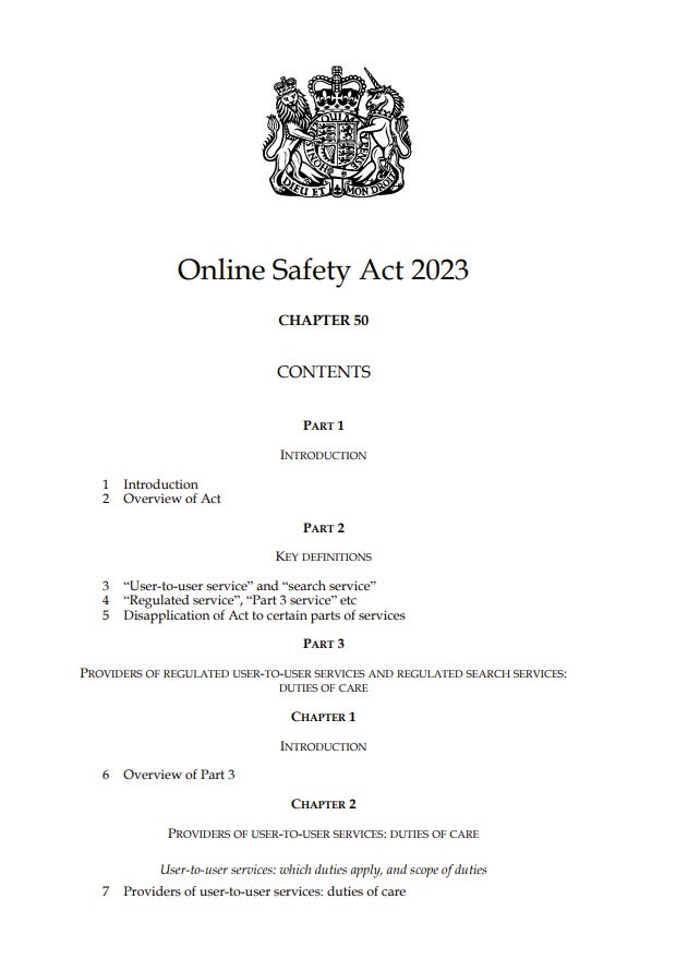 Picture of the start of the Contents listing for the Online Safety Act