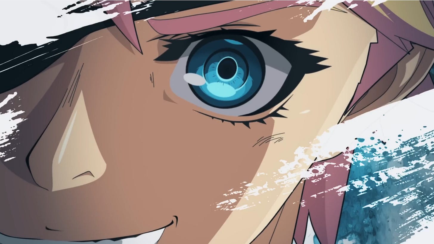 An extreme closeup of Sin's bright blue eye.