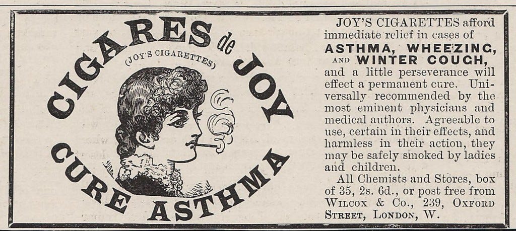 A Victorian London advertisement for cigarettes as a cure for asthma and wheezing