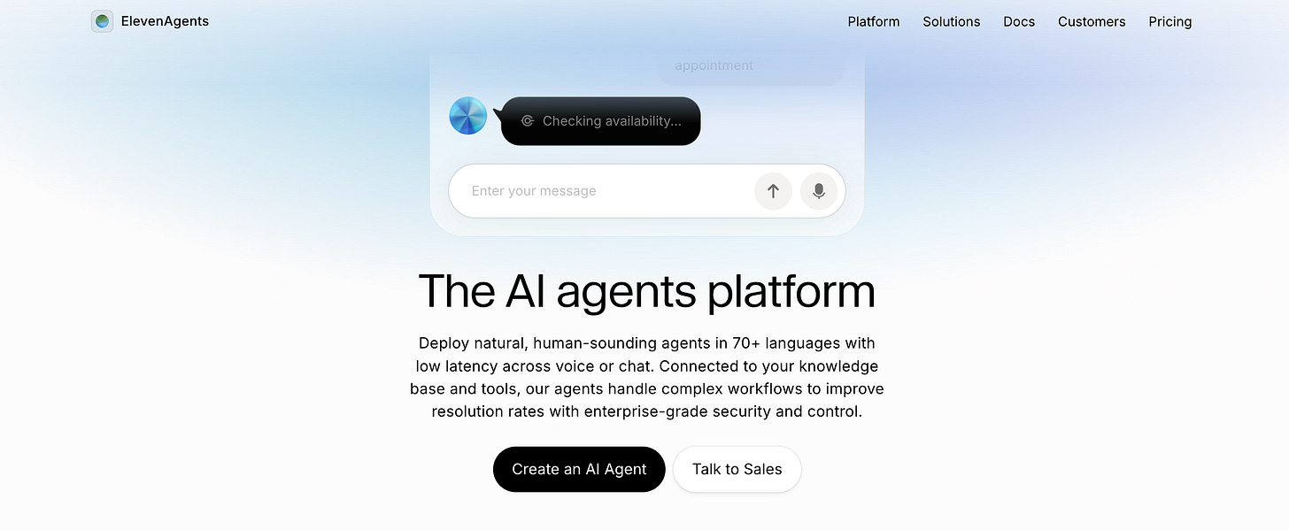 ElevenAgents landing page showing a voice AI agent checking appointment availability, with a chat interface and options to create an agent or talk to sales. ElevenAgents landing page showing a voice AI agent checking appointment availability, with a chat interface and options to create an agent or talk to sales.