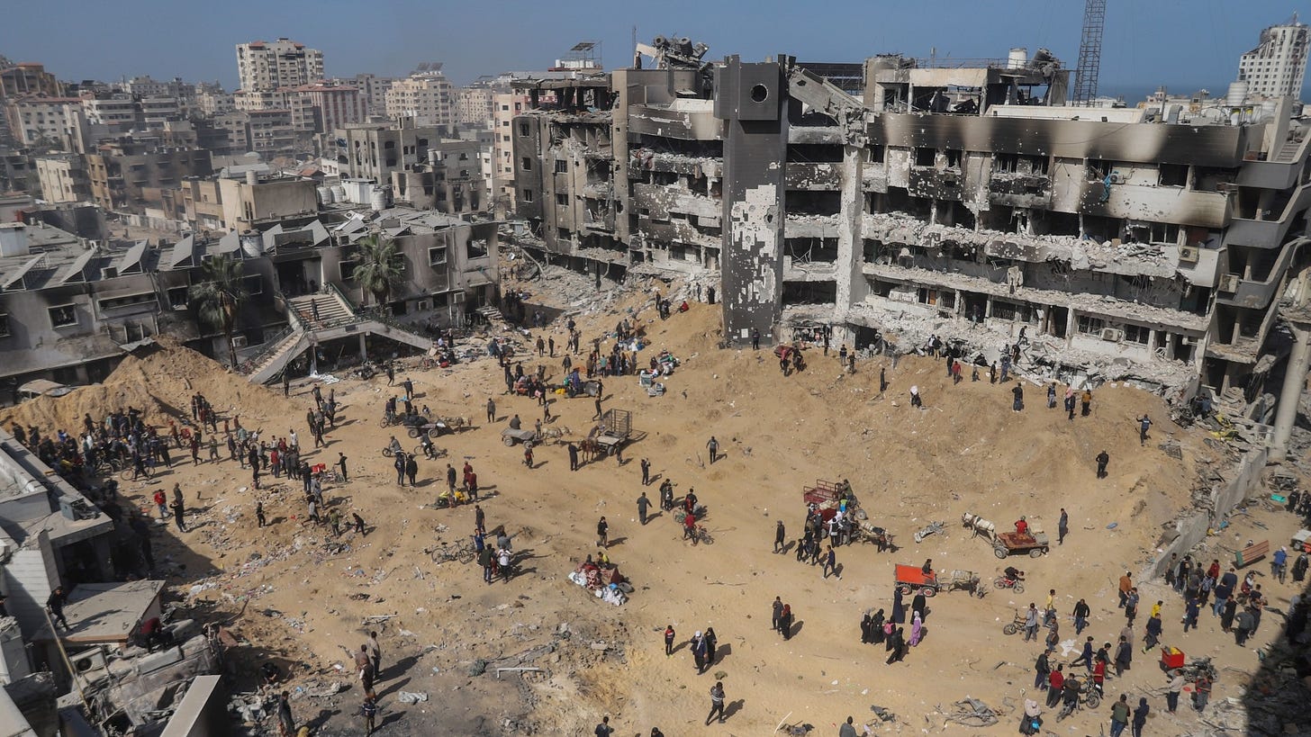 Israeli forces left behind a wasteland of destroyed buildings and Palestinian bodies scattered in the dirt at al-Shifa hospital (MEE/Mohammed al-Hajjar)