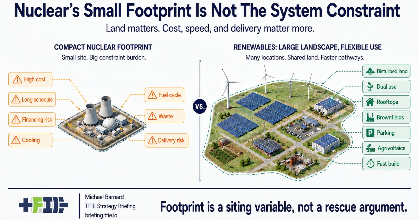 TFIE graphic comparing nuclear’s compact site and constraint burden with renewables’ larger but more flexible land use.