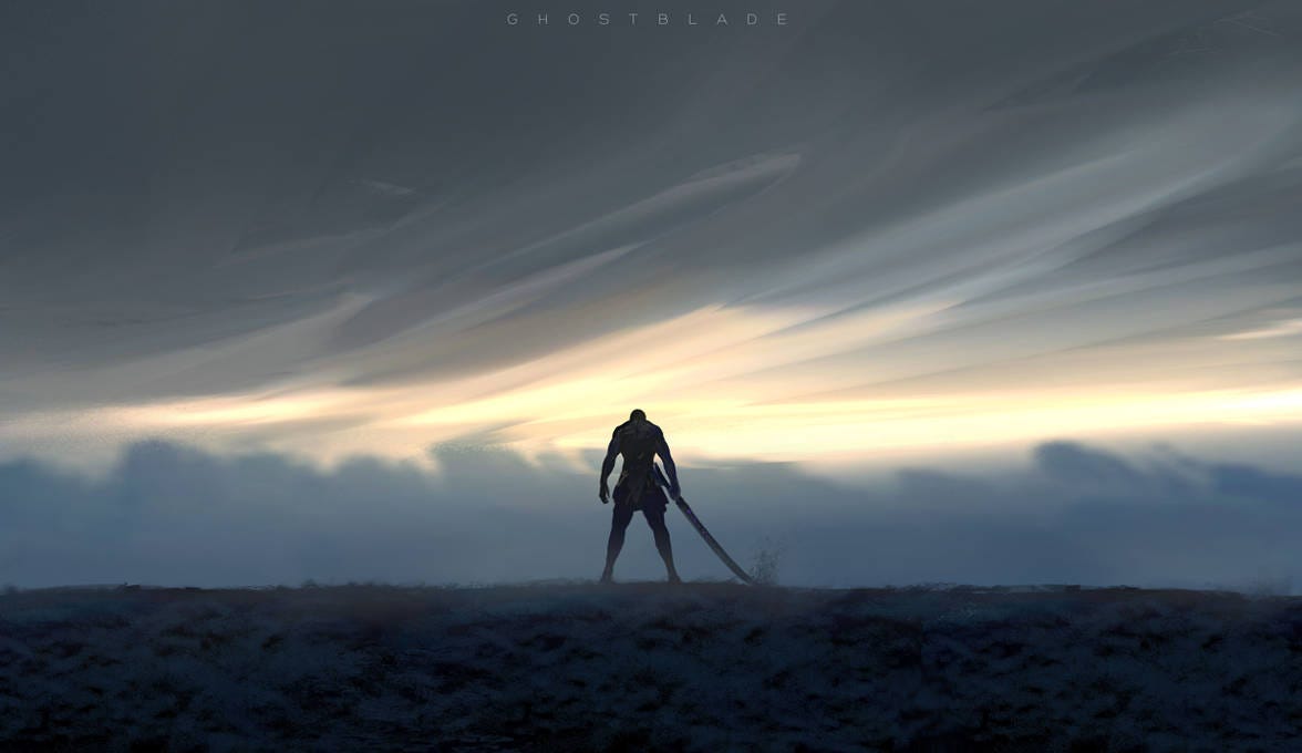 lone warrior with large blade resting on ground against a cloudy lit sky