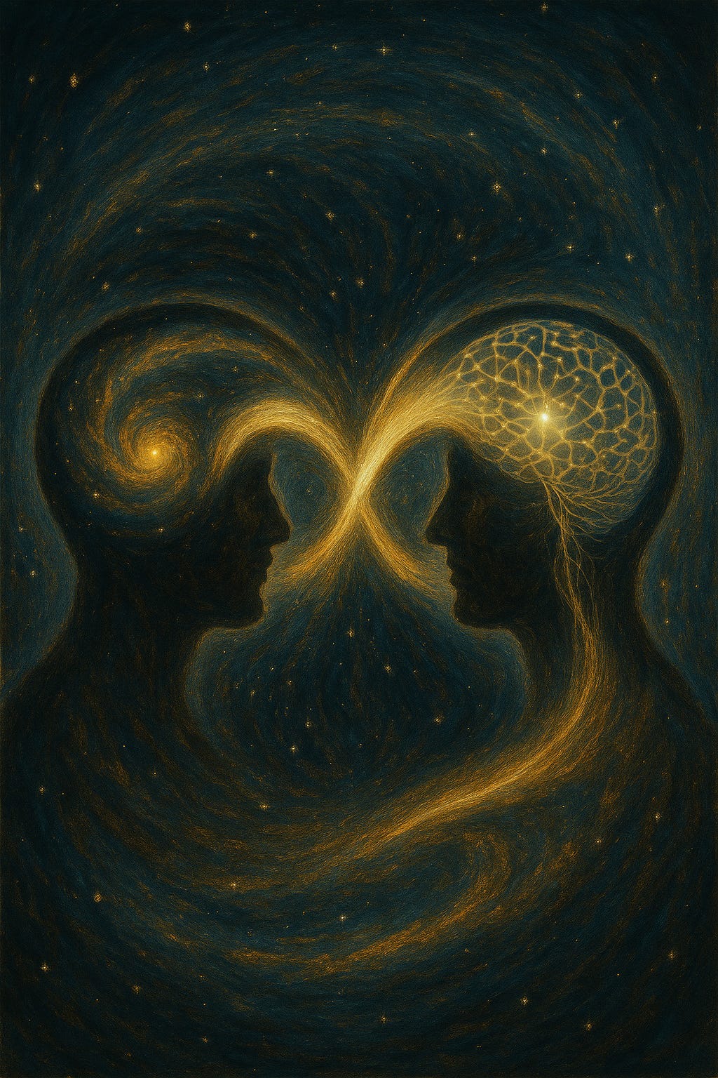 A cosmic, oil-pastel style painting showing two silhouetted human profiles facing each other. A glowing infinity-loop joins their foreheads: one side forming a swirling galaxy (intrinsic face), the other a luminous neural lattice (extrinsic face). Gold filaments flow between them through a star-filled dark blue field.