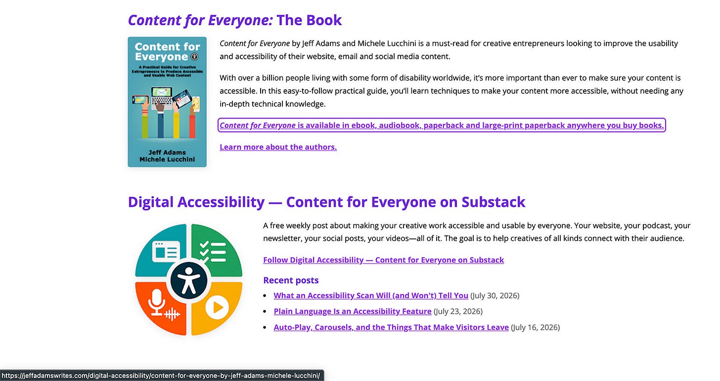 Screenshot of Jeff's website showing a focus indicator present for the link that has focus.