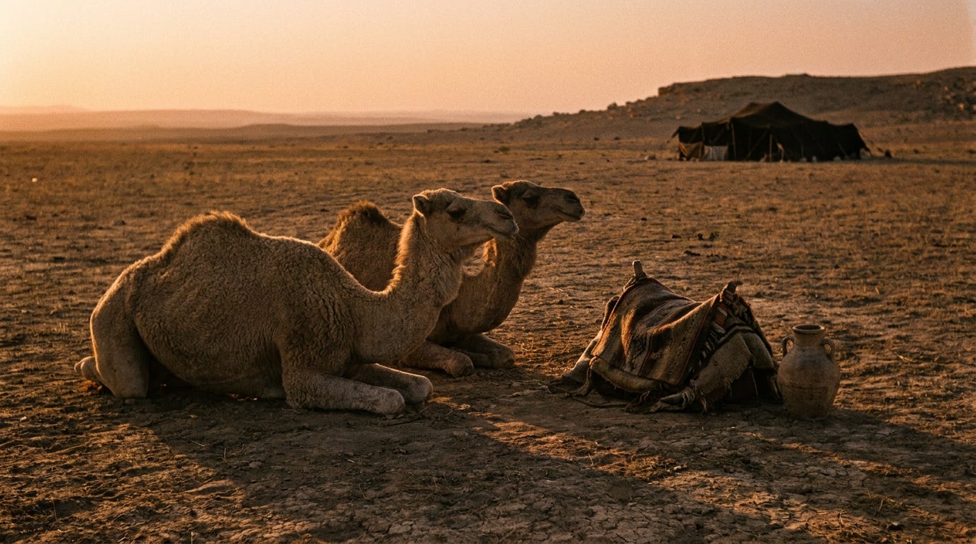 Two camels kneeling at dusk at the edge of a dry Negev field, a woven saddle blanket and a clay water jar on the ground beside them, a goat-hair tent in the distance, no people, no faces, no text Two camels kneeling at dusk at the edge of a dry Negev field, a woven saddle blanket and a clay water jar on the ground beside them, a goat-hair tent in the distance, no people, no faces, no text