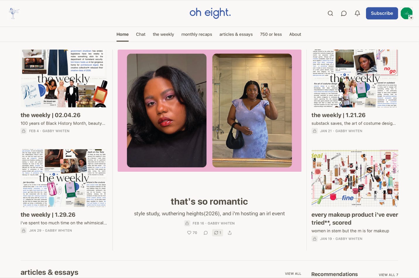 Creative Substack branding with editorial collage layouts and a consistent signature color across thumbnails