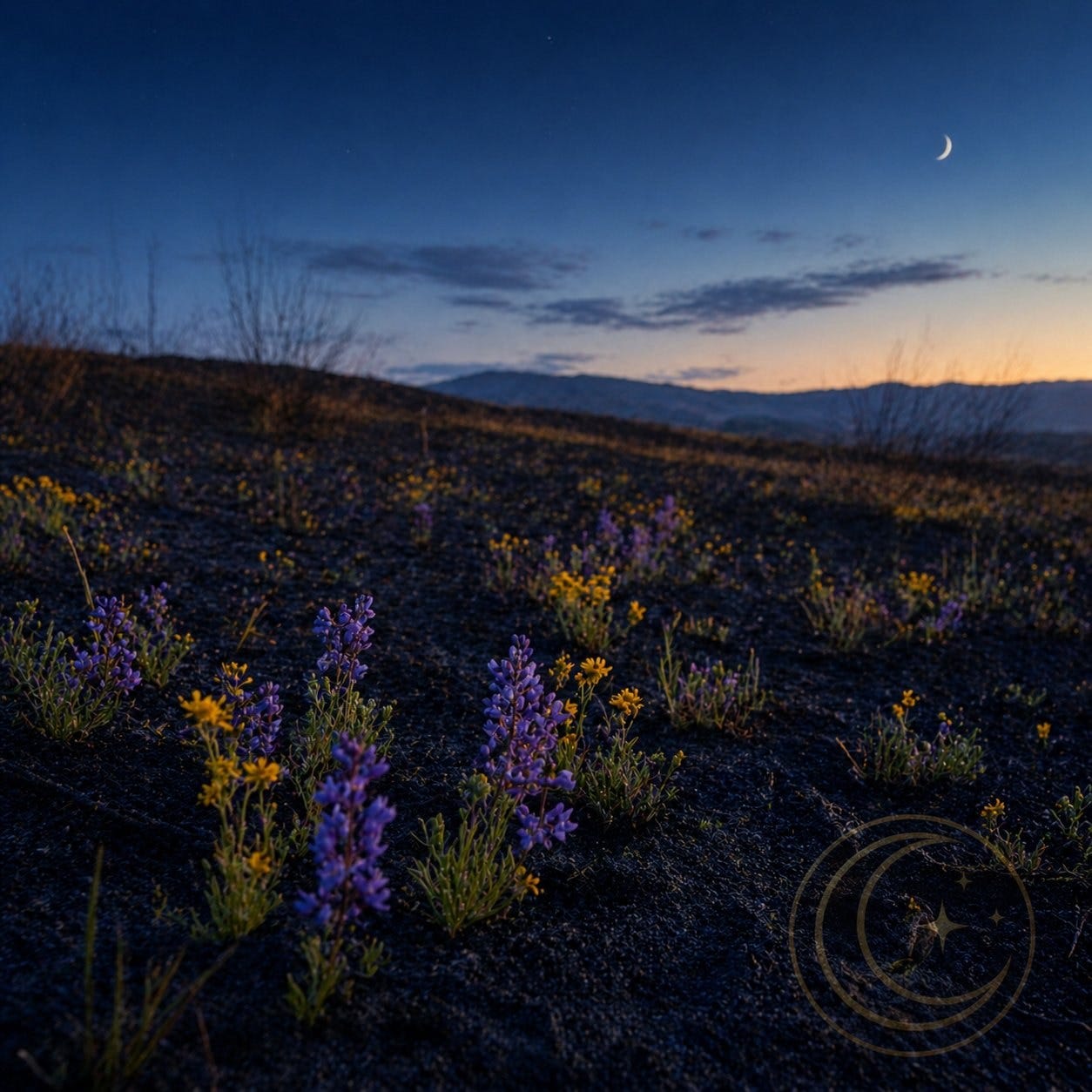 MoonInMental aromatherapy forecast image for Mars conjunct Chiron in Aries and Taurus New Moon week May 10-16, 2026. Spring meadow at twilight with wildflowers emerging through scorched earth, visual metaphor for survivor wounds surfacing the same afternoon as new beginnings during this Copaiba, Rose, and Melissa blend week.