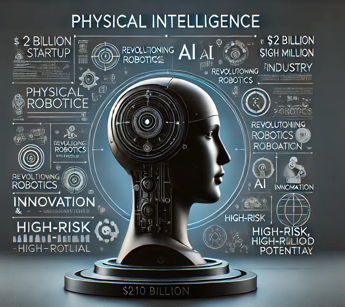 A sleek and futuristic image representing Physical Intelligence, a robotics startup with a $2 billion valuation and $400 million in funding. The image should emphasize the company's role in revolutionizing robotics within a $210 billion industry. Include subtle icons or representations of robotics, AI, and automation, with a focus on innovation, high-risk, high-reward potential. The design should be modern, minimalistic, and tech-forward.