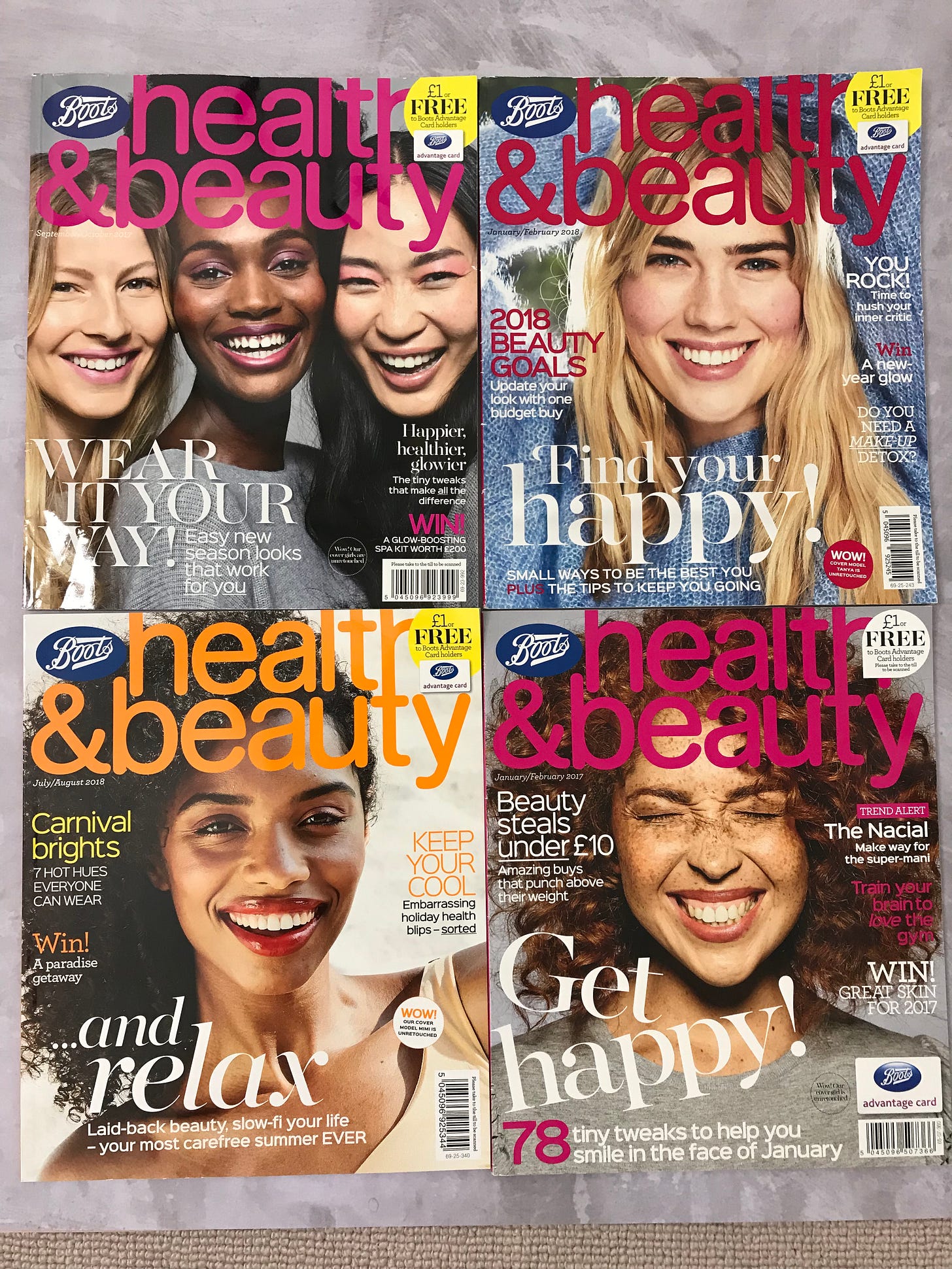 A collection of Boots Health & Beauty magazine covers from 2015, edited by Donna Francis, highlighting the industry-first no-retouching policy for skin and models. A collection of Boots Health & Beauty magazine covers from 2015, edited by Donna Francis, highlighting the industry-first no-retouching policy for skin and models.