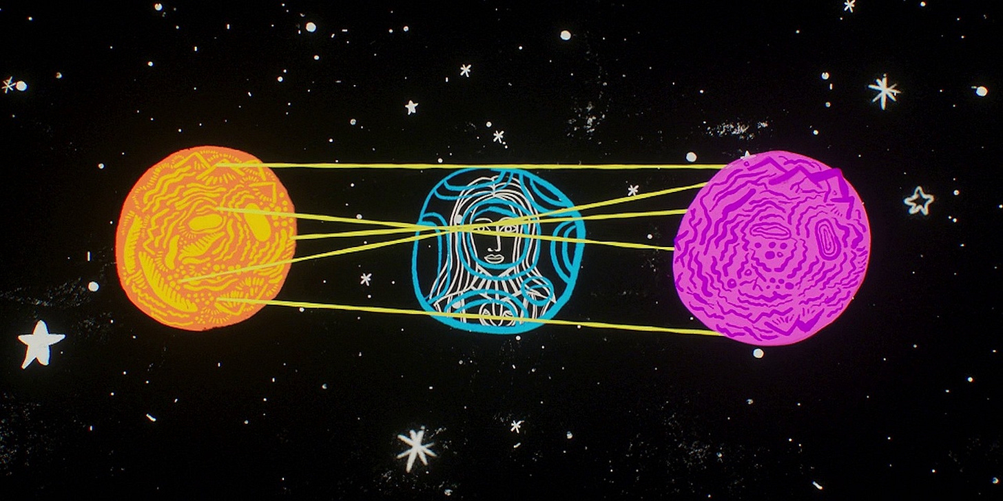 This image shows an animated rendering of two planets (one is orange and located on the left, the other is pink and located on the right) sitting in a starfield. Between both planets is the light-blue rendering of a woman that represents the character of Rakaya (played by Claire-Hope Ashitey in the live-action scenes of "Can You Hear Me?"). This image shows an animated rendering of two planets (one is orange and located on the left, the other is pink and located on the right) sitting in a starfield. Between both planets is the light-blue rendering of a woman that represents the character of Rakaya (played by Claire-Hope Ashitey in the live-action scenes of "Can You Hear Me?").