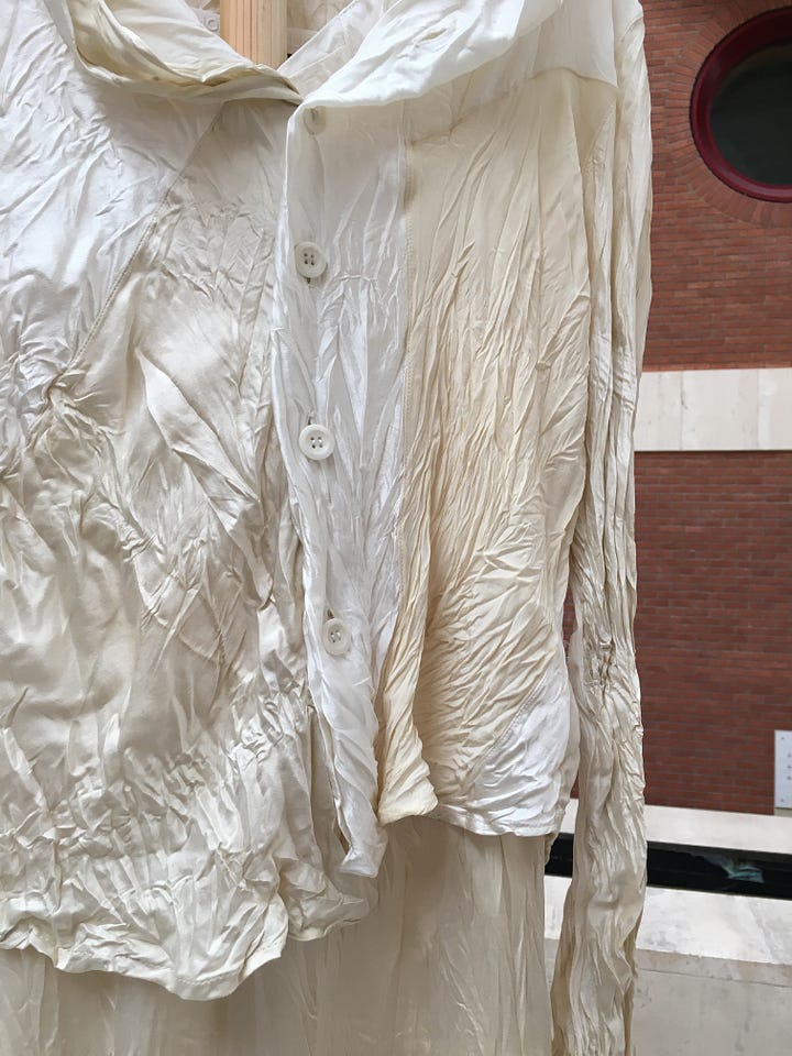 Phoebe English studio garments, showing innovative patchworking, and overdyeing, lace offcuts and silk offcuts techniques.