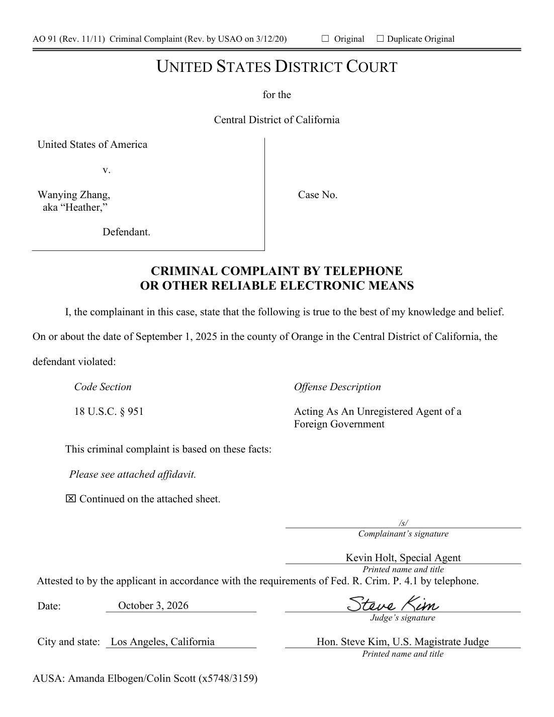 First page of the federal complaint naming Wanying Zhang and the alleged foreign-government-agent offense. First page of the federal complaint naming Wanying Zhang and the alleged foreign-government-agent offense.