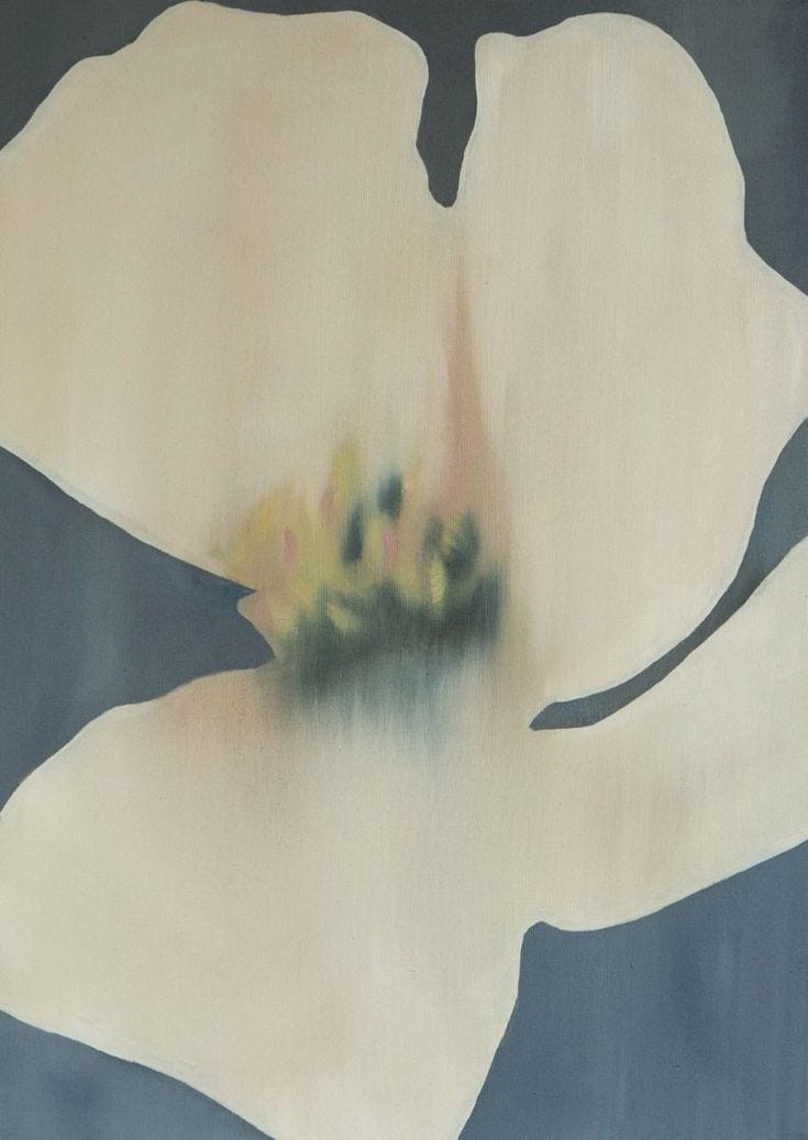 This may contain: an abstract painting of a white flower on a blue background