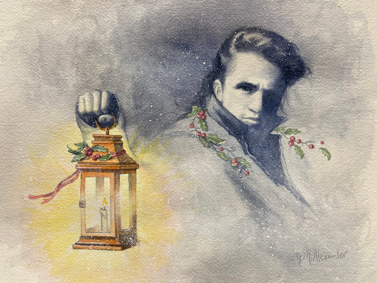 ghostly man with lamp painting by J Alexander.