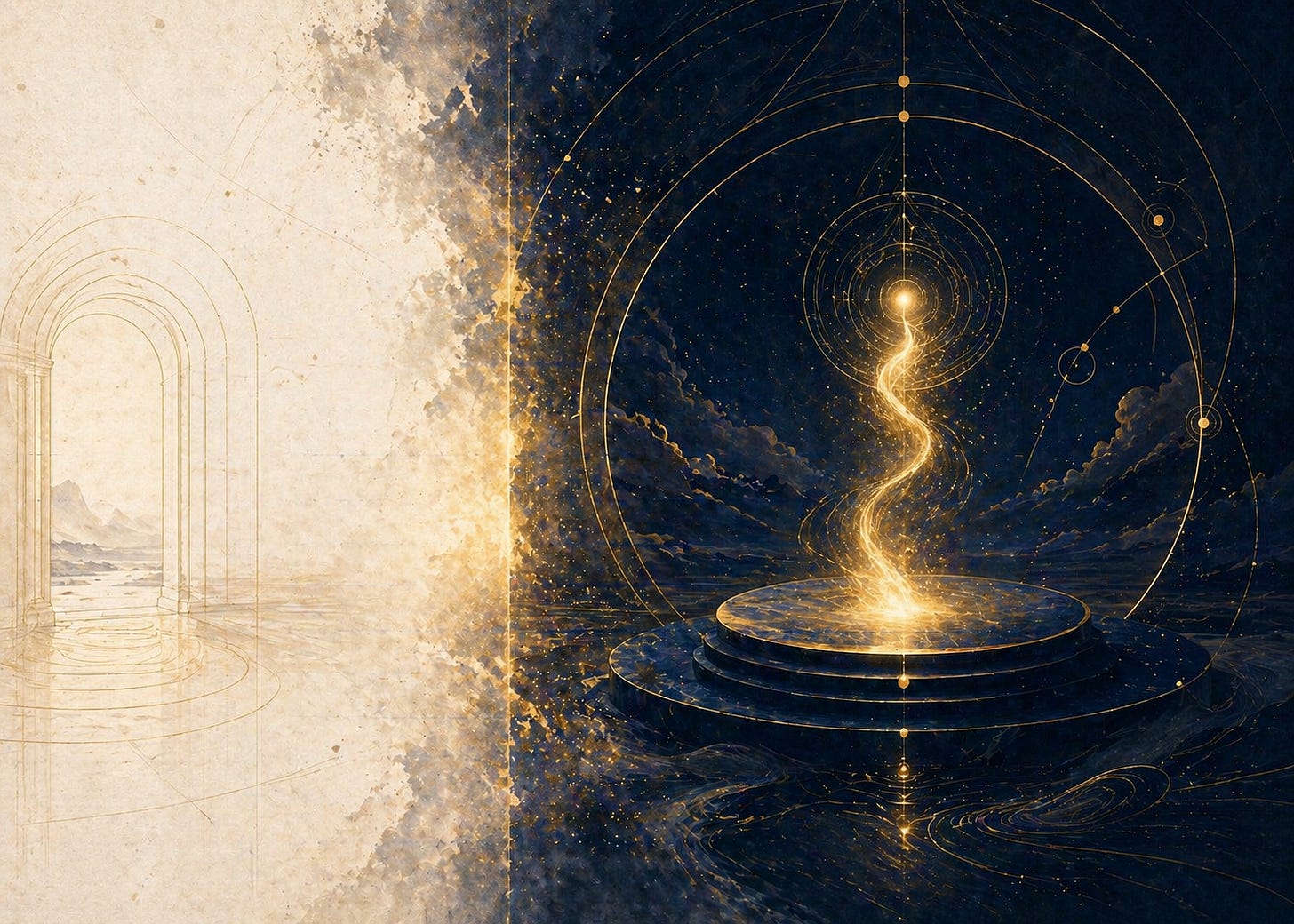 Abstract 14:10 artwork in a navy, gold, and cream palette. The left side is light and minimal with faint architectural doorway lines, while the right side is deep navy with a glowing circular platform. A stream of golden light rises from the platform, surrounded by delicate geometric lines and orbit-like patterns, suggesting imagination shaping reality. The composition transitions from soft outer space to a luminous inner scene, symbolizing inner creation becoming outer experience.