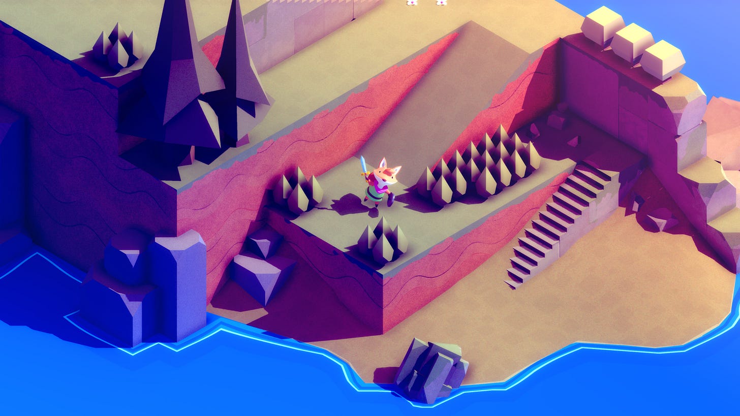 A low-poly video game scene shows a fox-like character with a sword standing among trees on a cliffside near stairs, with water visible below. A low-poly video game scene shows a fox-like character with a sword standing among trees on a cliffside near stairs, with water visible below.