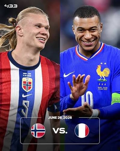 𝐄𝐑𝐋𝐈𝐍𝐆 𝐇𝐀𝐀𝐋𝐀𝐍𝐃 𝐕𝐒. 𝐊𝐘𝐋𝐈𝐀𝐍 𝐌𝐁𝐀𝐏𝐏𝐄 😱 Two of the  most in-form strikers will face off at the 2026 World Cup ⚔️ Haaland: 🏟️  24 games ⚽️ 33 goals 🅰️ 5 assists Mbappé: