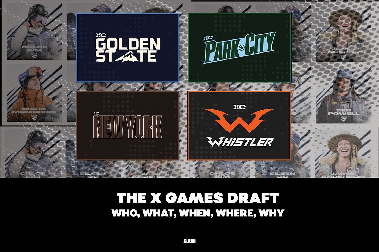 The four Winter X Games League club logos over athlete portraits. The four Winter X Games League club logos over athlete portraits.