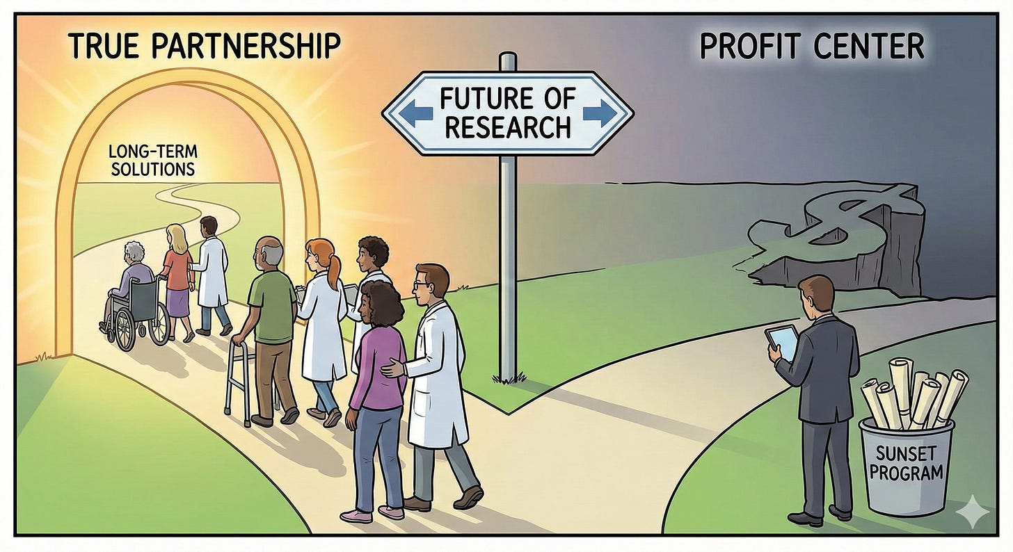 An illustration showing two directions for the future of research: A true partnership with long-term solutions or a profit center where programs that have been sunsetted are in a trashcan