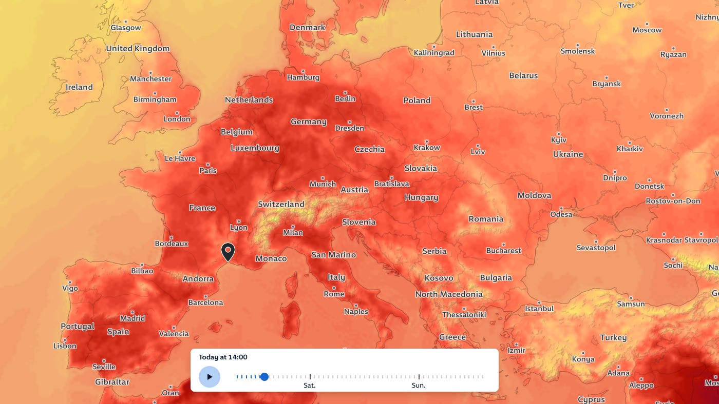 A weather map showing a heatwave in Europe