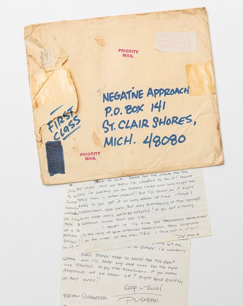 Photos of mail correspondence between Randy 'Biscuit' Turner of Big Boys, Pushead and Negative Approach, and Grant Matthews of Rudimentary Peni.