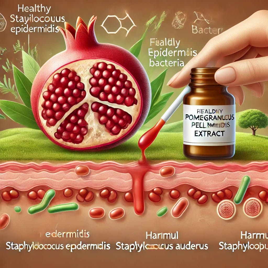 A detailed illustration showing pomegranate peel extract being applied to a skin surface. The background includes a balanced scene of healthy skin microbiota, with friendly Staphylococcus epidermidis bacteria thriving and harmful Staphylococcus aureus being diminished. The scene should highlight the eco-sustainable aspect, incorporating elements of nature and greenery.