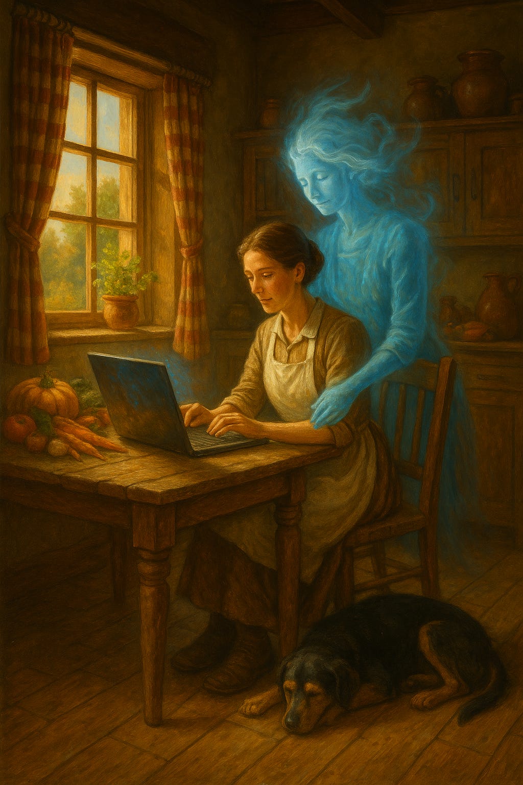 women sitting in front of ocmputer with ghost behone her and dog on floor