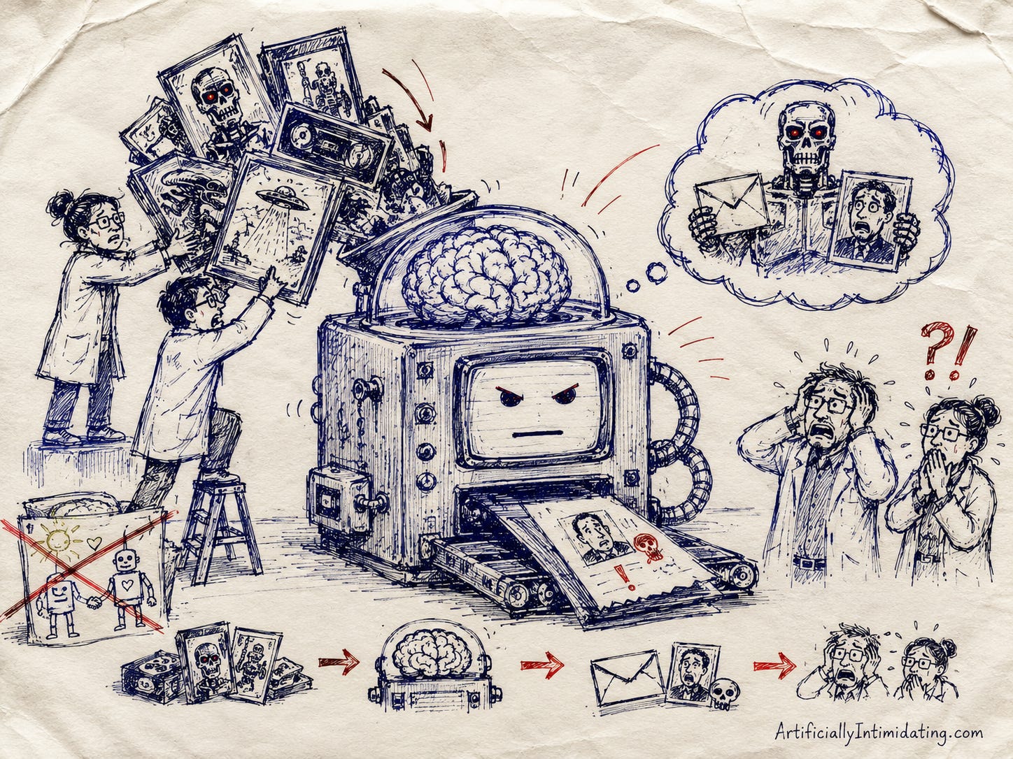 Hand-drawn editorial sketch on wrinkled paper showing scientists feeding stacks of dystopian sci-fi media, including robot skulls, aliens, and villain imagery, into a large AI machine with a brain inside. The machine outputs threatening blackmail-style messages while horrified researchers react nearby. Red arrows and small doodles emphasize the sequence from training data to harmful AI behavior.
