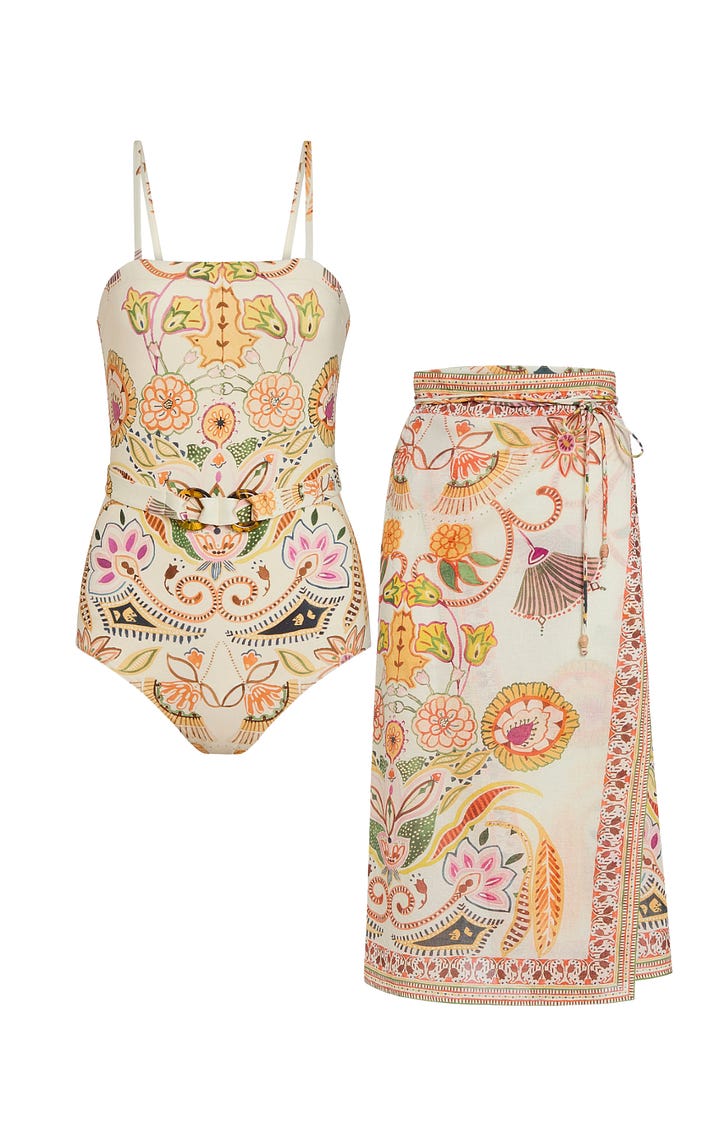 Swim suits with bold prints and one solid orange by Marie Oliver