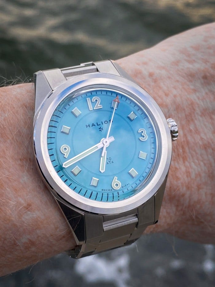 The Halios Universa on the author’s wrist. The Halios Universa on the author’s wrist.