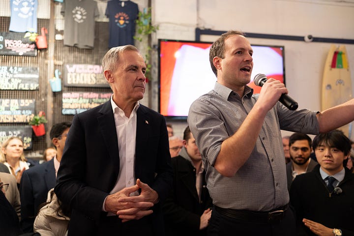 Mark Carney visiting the Beaches Brewing Co with Nate and speaking to the crowd