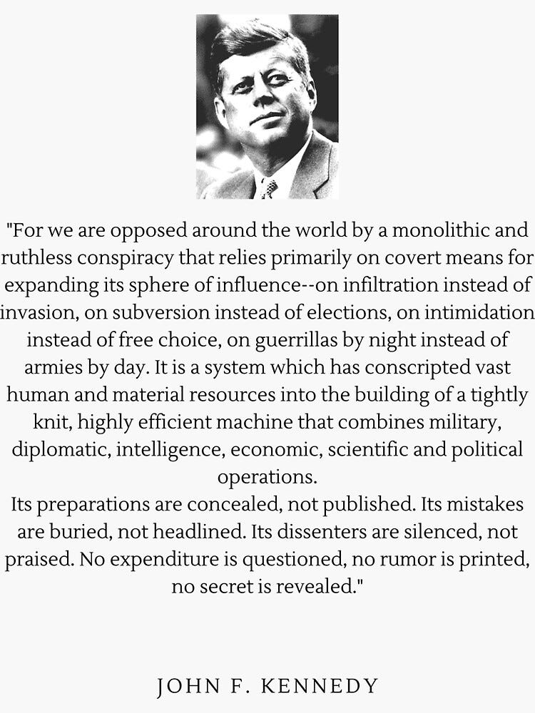 JFK quote: "For we are opposed around the world by a monolithic and  ruthless conspiracy... | Sticker