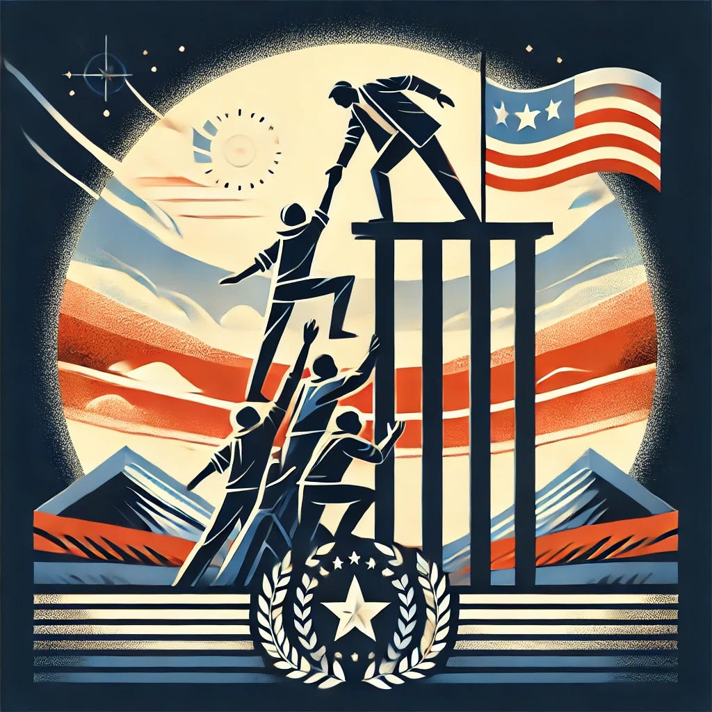 A modern, stylized illustration inspired by the attached image, showing one person reaching up while another extends a helping hand from a higher platform. The setting incorporates the nationalistic and foundational themes from the previous request, featuring a strong, stable structure that symbolizes support, unity, and collective strength. The background suggests progress with natural elements like mountains or a flag waving in the wind. The illustration is clean, bold, and impactful, using a simple yet evocative color scheme.