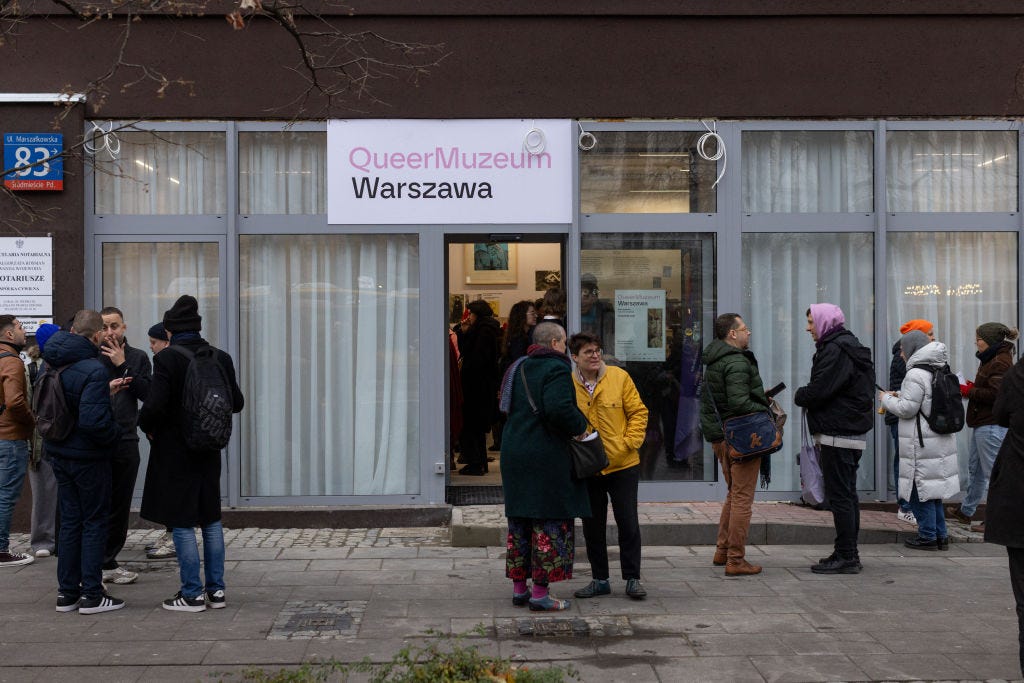 People gather on the street at the opening of Poland's first Queer Museum in Warsaw, Poland on December 6, 2024. (Photo by Wojtek RADWANSKI / AFP) (Photo by WOJTEK RADWANSKI/AFP via Getty Images)