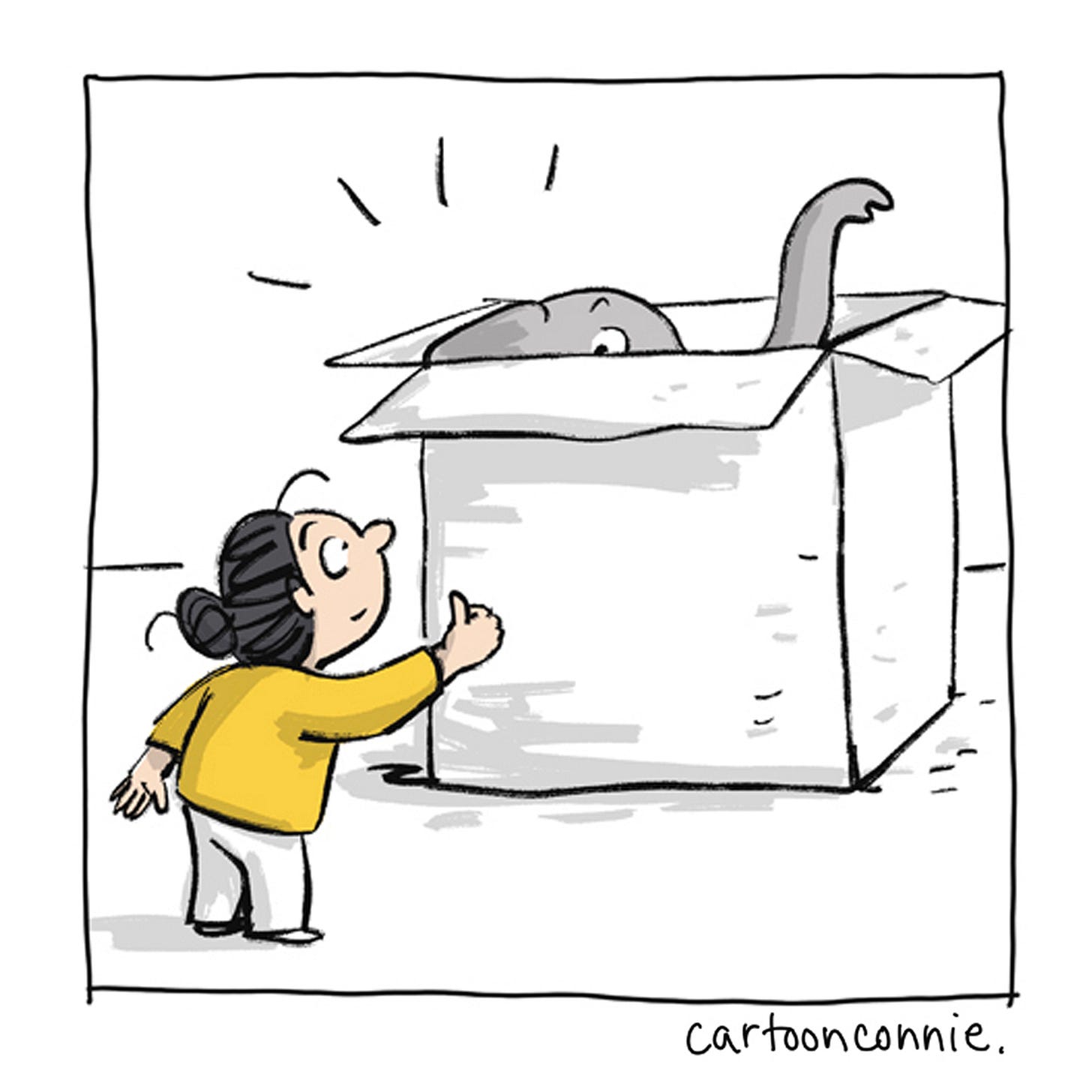 Panel 8 of 12 of a 2-page wordless illustrated comic, titled "Art Can Be A Good Companion," 2026, original artwork by Connie Sun, cartoonconnie. Panel 8 of 12 of a 2-page wordless illustrated comic, titled "Art Can Be A Good Companion," 2026, original artwork by Connie Sun, cartoonconnie.