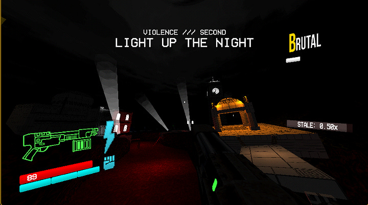 The first image is a landscape of the level 7-2, showing spotlights in a night sky and a clock tower that resembles London's Big Ben, the name of the level 'Light Up The Night' is written in the sky. The second image shows a giant machine looking down, with a boss health bar that reads '1000-THR "EARTHMOVER"'