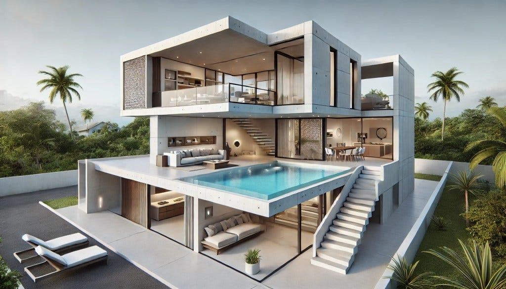 image of the modern Jamaican home concept, reflecting the sleek, minimalist design with a flat concrete roof, recessed windows, and a rooftop pool. The design blends functionality with style, capturing the essence of the tropical environment and modern living.