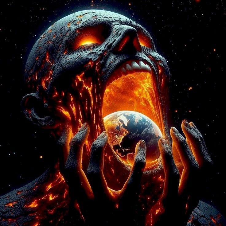 This may contain: an alien is holding the earth in front of his face with fire and flames surrounding it