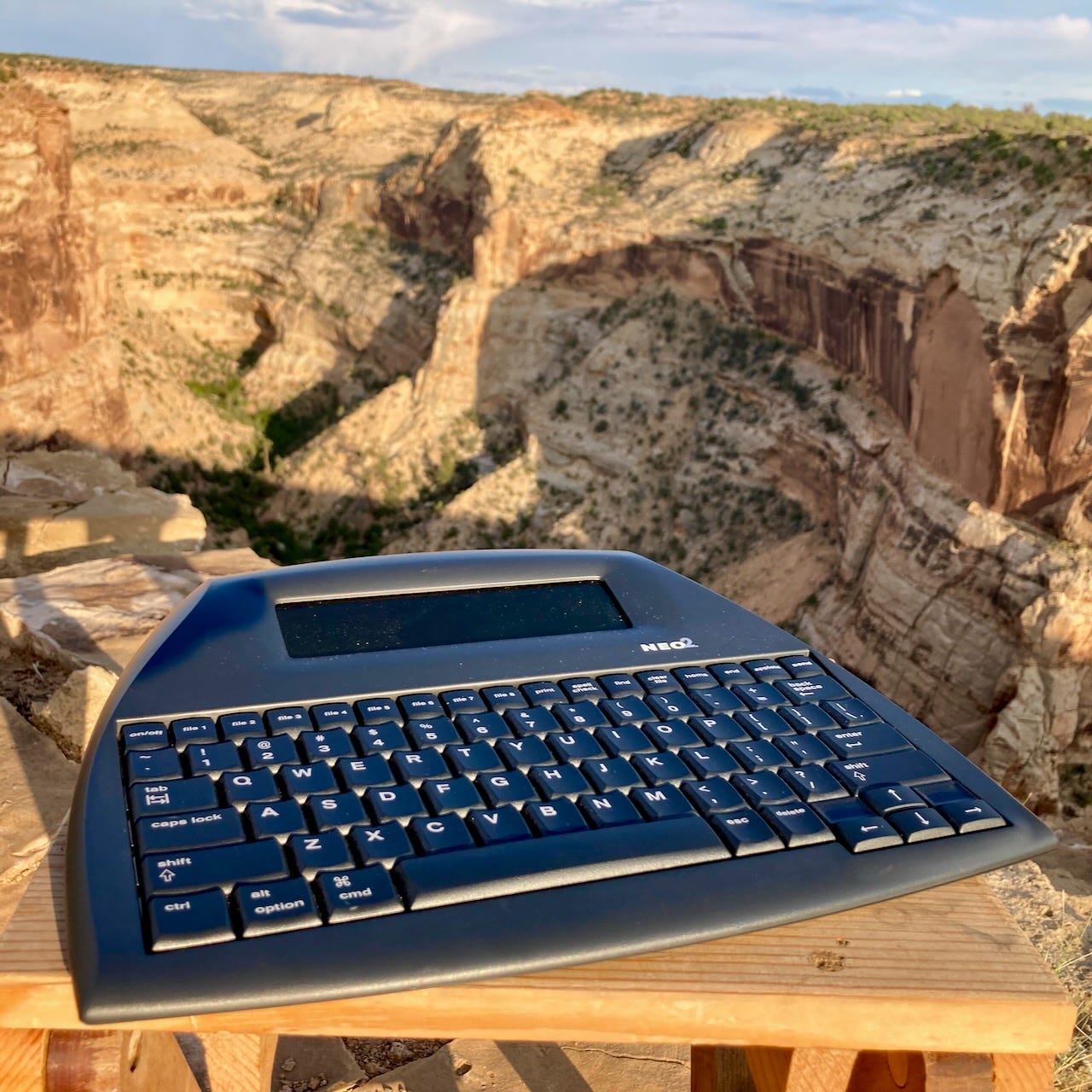 Photo of typewriter in the desert.