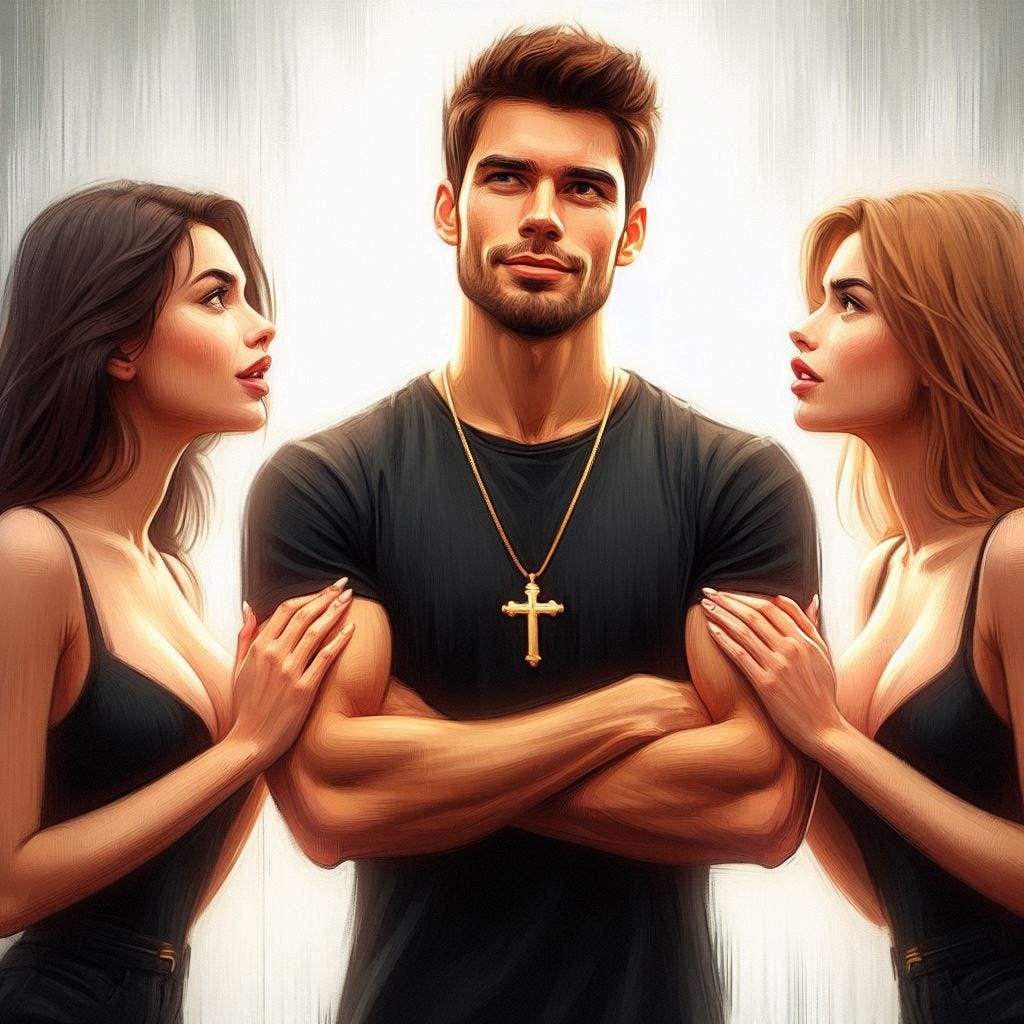 A handsome man in a black t-shirt stands with folded arms as two pretty women, both of whom are wearing gold cross necklaces, plead with him. Slight impressionist style.