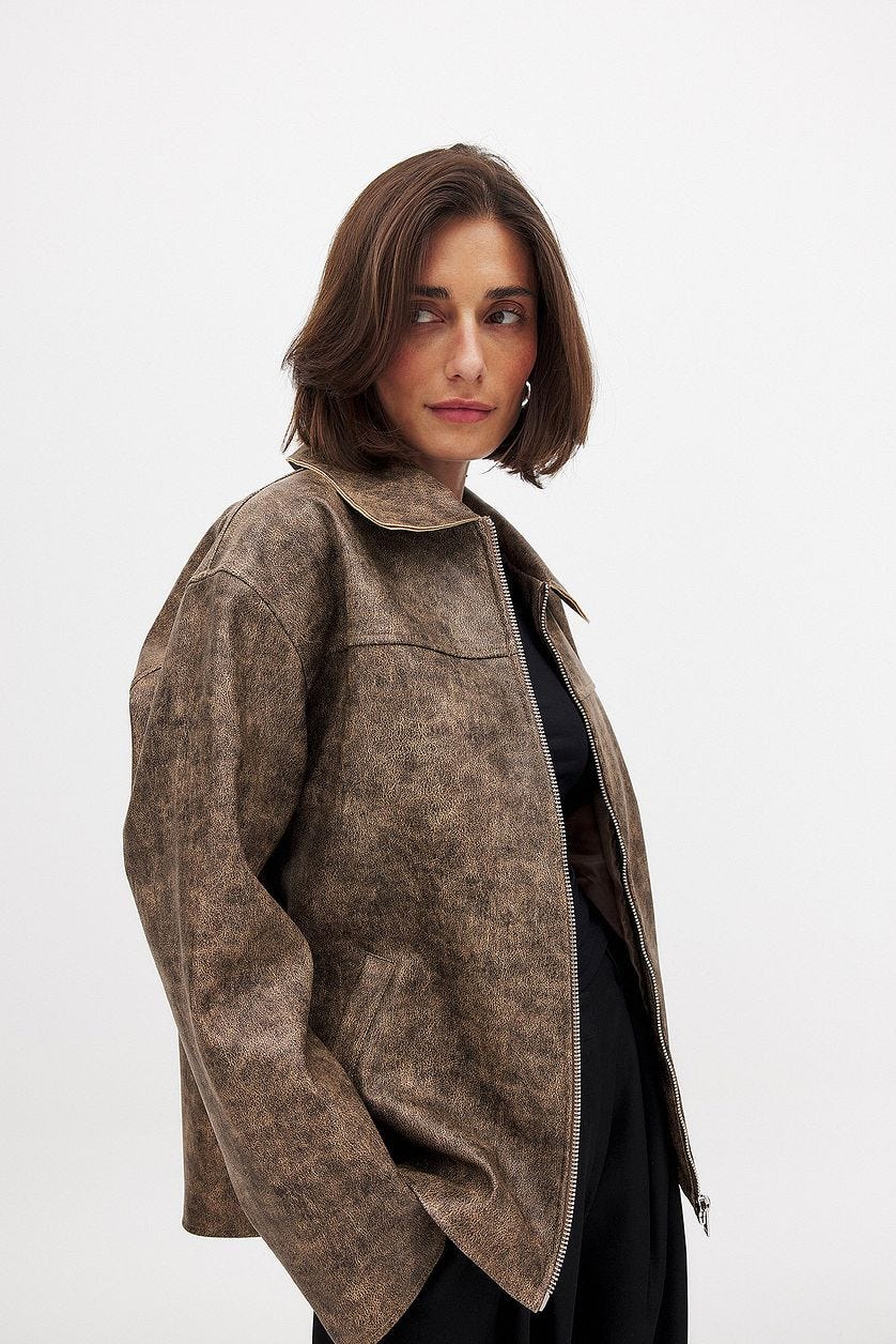 Brown Washed Out Zip Detail Pu Jacket