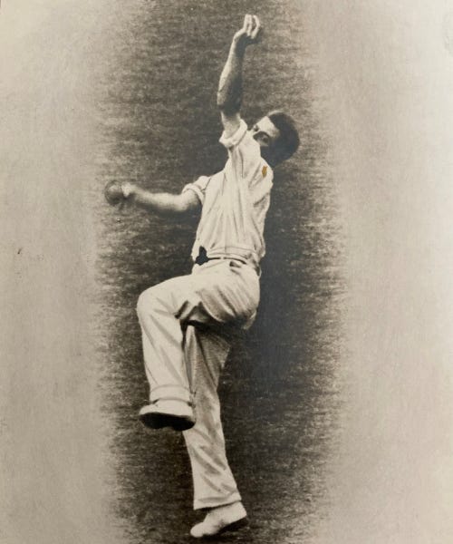 A picture of Harold Larwood in cricket whites bowling a ball