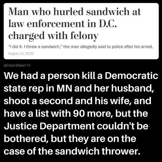 May be an image of text that says 'Man who hurled sandwich at law enforcement in D.C. charged with felony "ㅣ did it. threw a sandwich," the man allegedly said to police after his arrest. August 13, 2025 We had a person kill a Democratic state rep in MN and her husband, shoot a second and his wife, and have a list with 90 more, but the the Justice Department couldn't be bothered, but they are on the case of the sandwich thrower.'