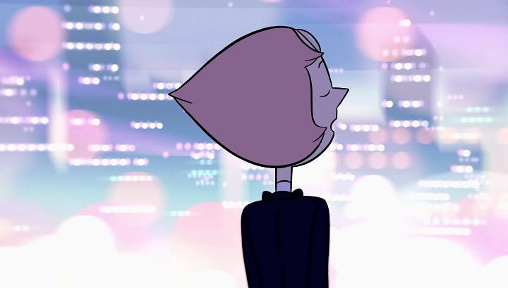 First photo: A photo of a Pearl figurine against an illustration of a dark blurry cityscape. Second photo: A screenshot from the animated show Steven Universe of Pearl against a luminous blurry cityscape.