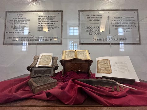 Monasterio de San Millán de la Cogolla, Ángel explaining something to Nick, plaques and replicas of the first first words written in the Castillan and Basque language (the originals are in the museum in Madrid).