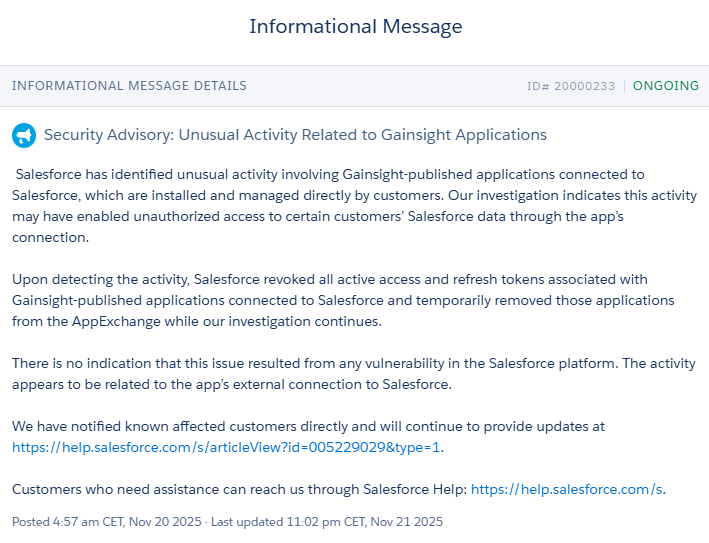 Salesforce security advisory screenshot on unusual activity in Gainsight OAuth integrations and revoked access tokens. Salesforce security advisory screenshot on unusual activity in Gainsight OAuth integrations and revoked access tokens.